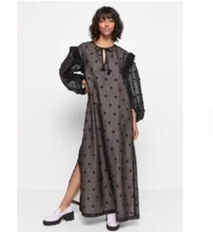 Manoush Black Tulle Polka Dot Long Sleeve Split Tie Neck Shift Maxi Dress sz 38